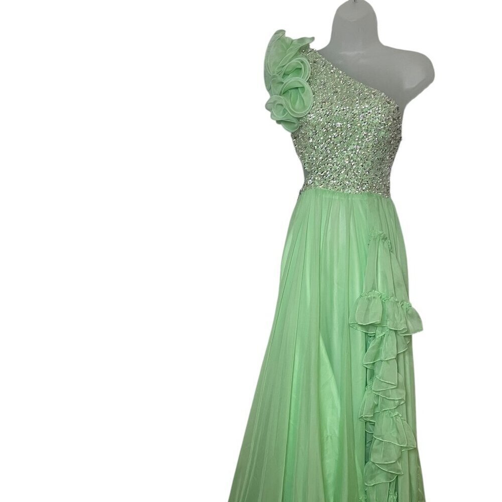 Seafoam Green One Shoulder Ruffle Maxi Gown Gem Bodice Size 2 - Picture 2 of 7